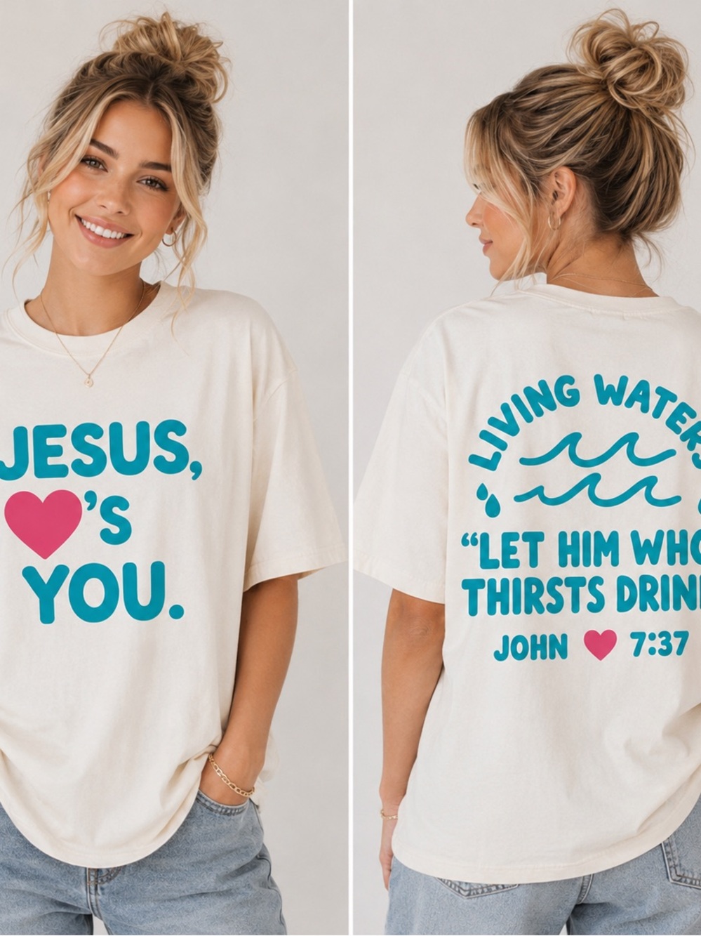 Cream Graphic Tee with Turquoise 'Jesus Loves You' Print